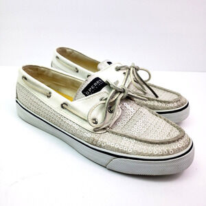 Sperry Top Sider Womens Size 9.5 White Sequin Slip On Casual Boat Shoes 9447160